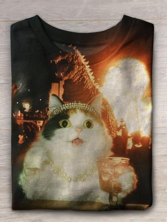 Cute Cat Princess Party Dinosaur Print Casual T-shirt