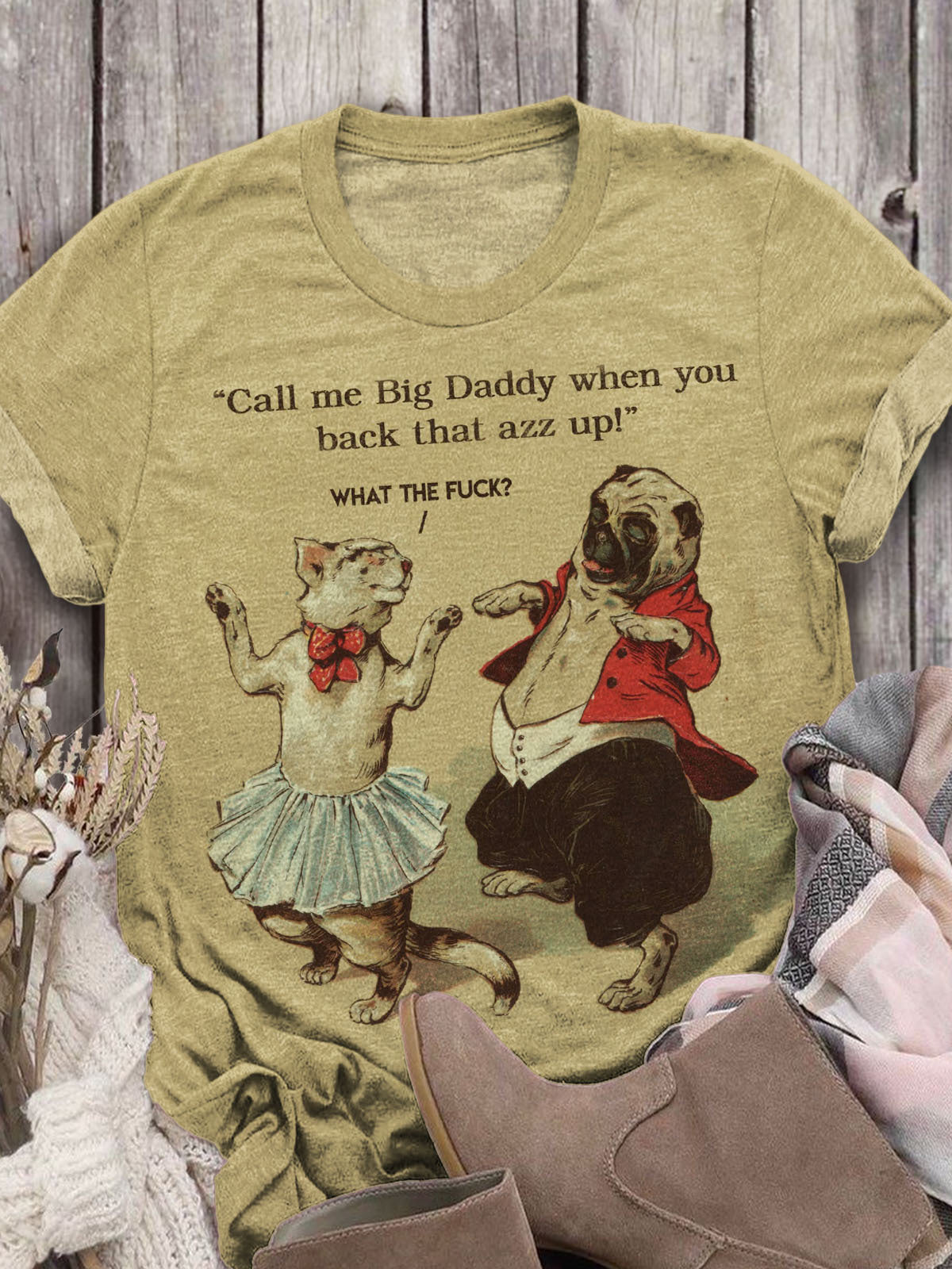 Call Me Big Daddy What The Fuck Vintage Cat Print Casual T-Shirt