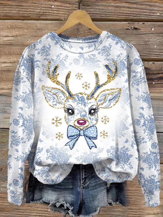 Women's Colorful Glitter Christmas Reindeer Casual Sweatshirt