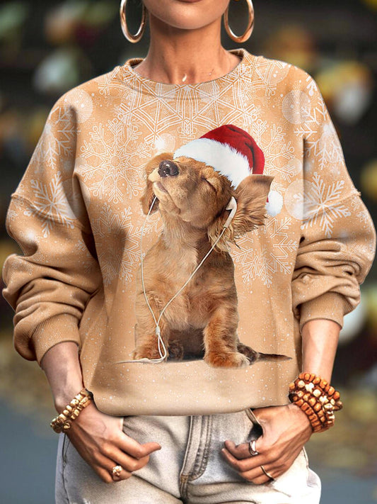 Women's Christmas Puppy Drop Crew Neck Casual Sweatshirt