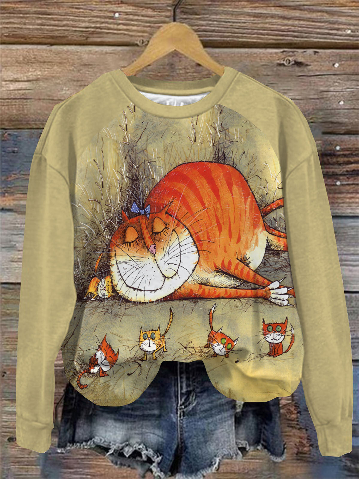 Cute Cat Print Round Neck Long Sleeve Top