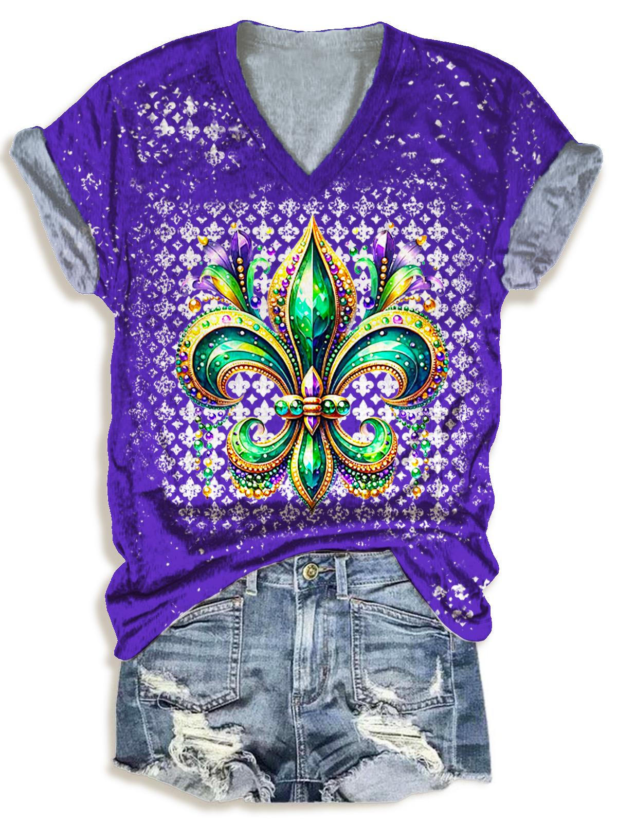 Women's Mardi Gras Iris Print V-Neck T-Shirt