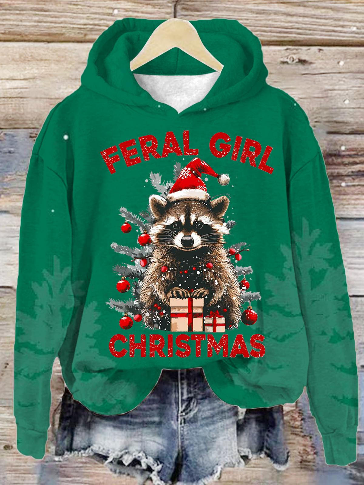 Feral Girl Christmas Long Sleeve Printed Hoodie