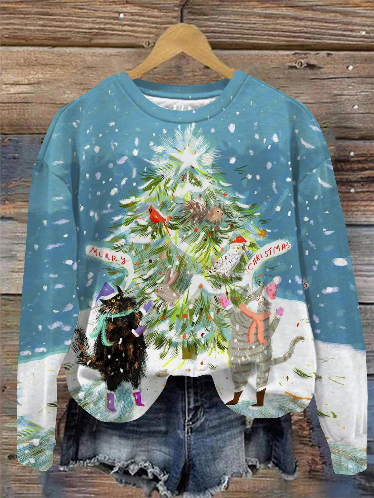 Christmas Tree And Cat Print Round Neck Long Sleeve Top