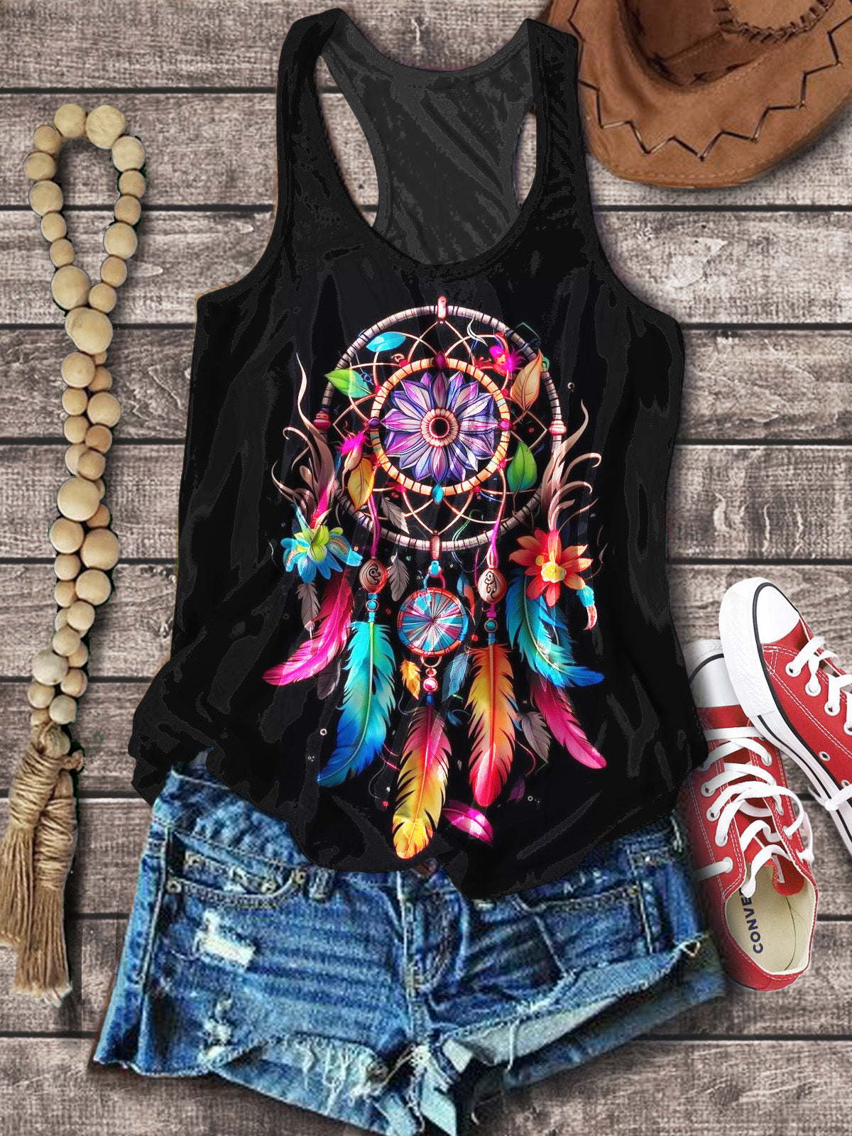 Women's Leisure Vacation Feather Wind Chime Print Vest