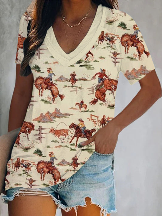 Vintage Cowboy Short Sleeve V Neck Printed Top