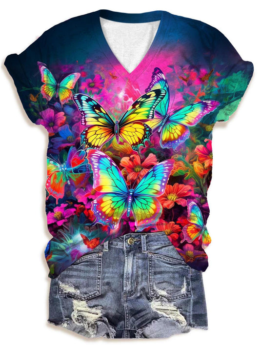 Women's Colorful Butterfly V-Neck T-Shirt