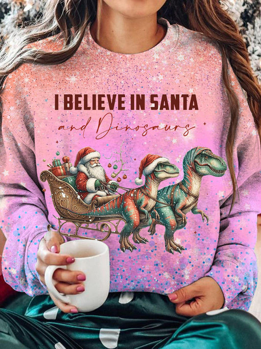 Women's I Believe In Santa Dinosaur Print Long Sleeve Top