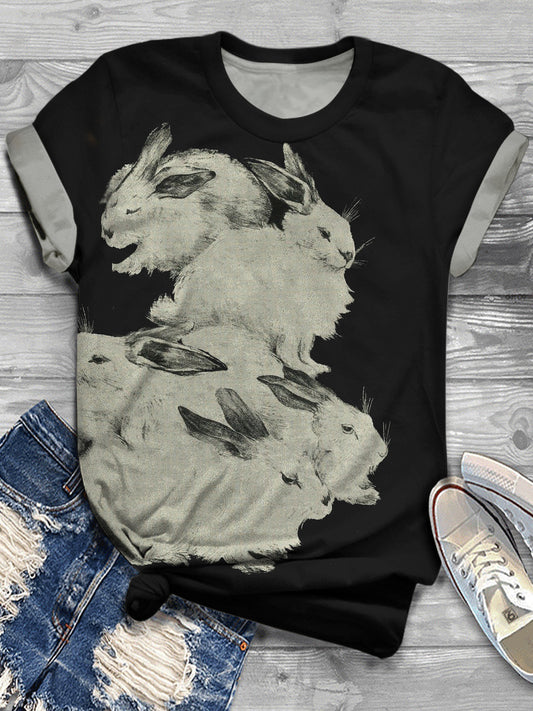 Women's Cute Rabbit Vintage Print Round Neck Casual T-Shirt