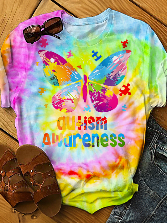 Autism Awareness Colorful Butterfly Crew Neck T-shirt