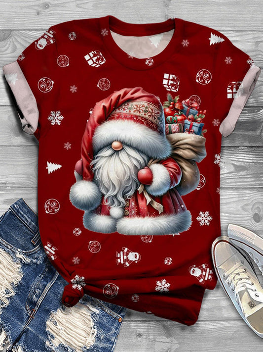 Women's Merry Christmas Gnome Gift Print T-shirt