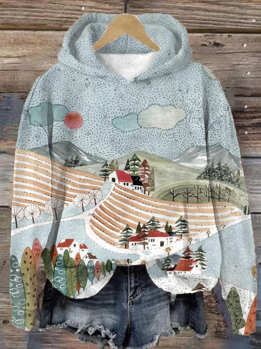 Winter Landscape Illustration Long Sleeve Printed Hoodie