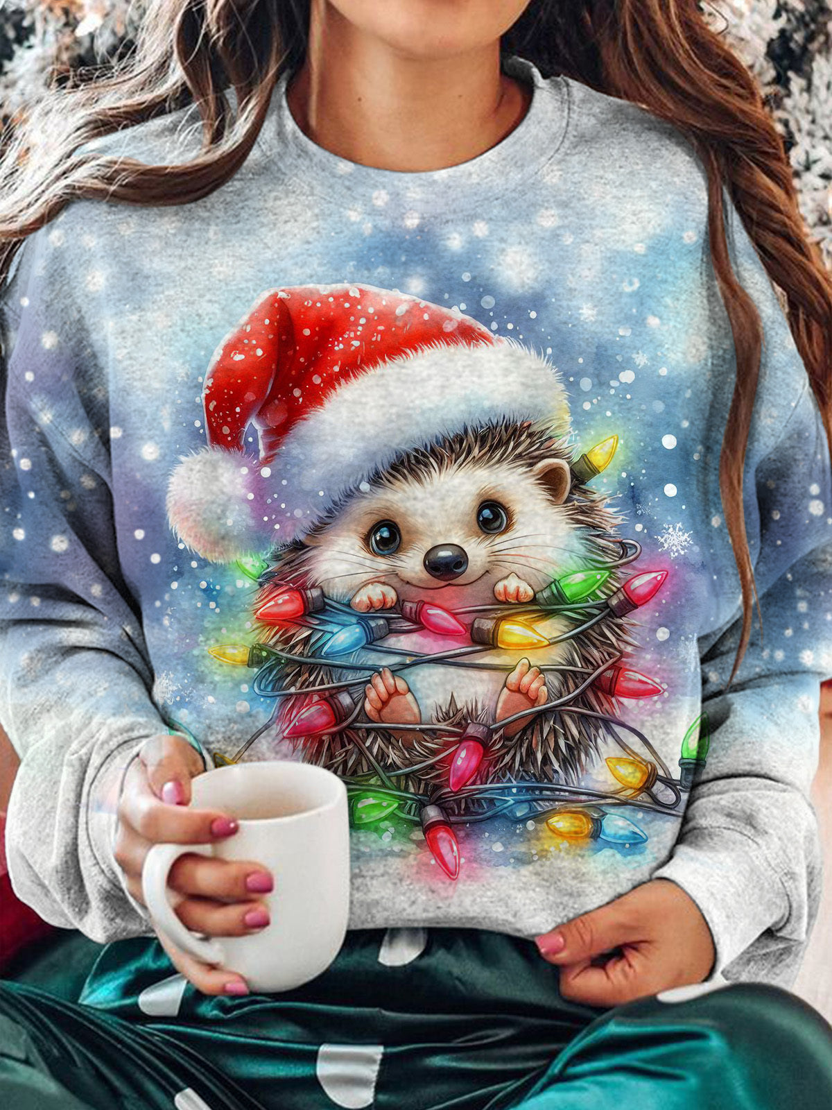 Women's Christmas Cute Hedgehog Crew Neck Casual Sweatshirt