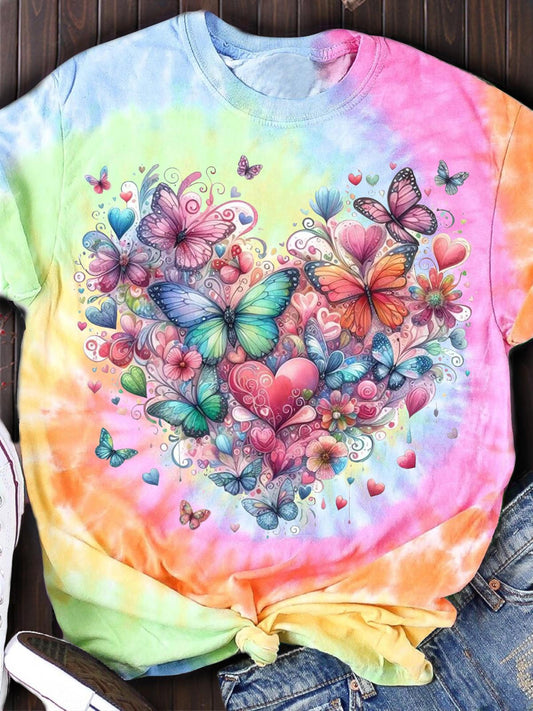 Heart Design Butterfly Tie Dye Printed T-shirt