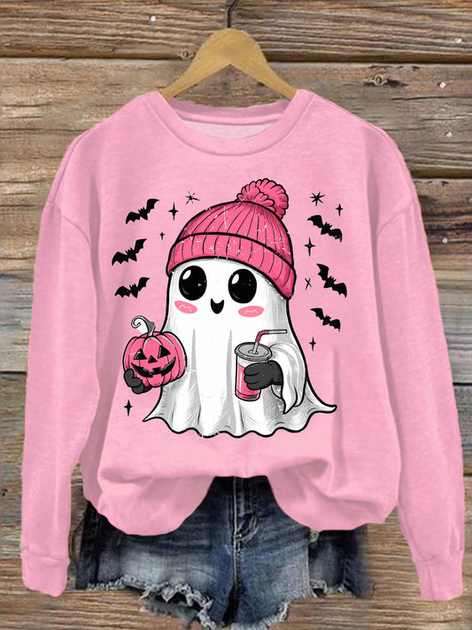 Women's Spooky Cute Pink Ghost Long Sleeve Top