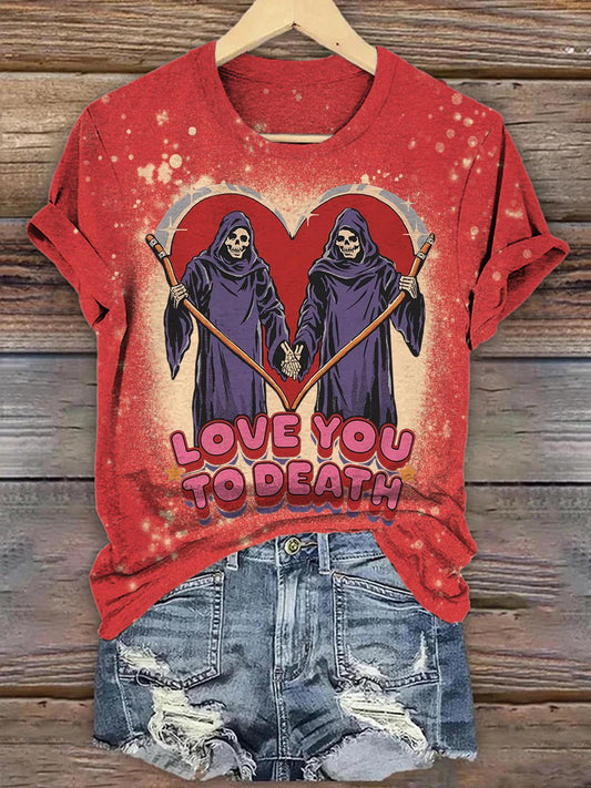 Love You To Death Valentine's Day Devil Scythe Retro Print Casual T-shirt