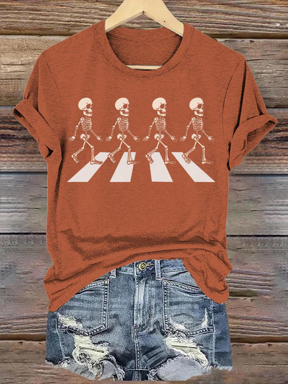 Funny Skeleton Crosswalk Halloween Crew Neck T-shirt