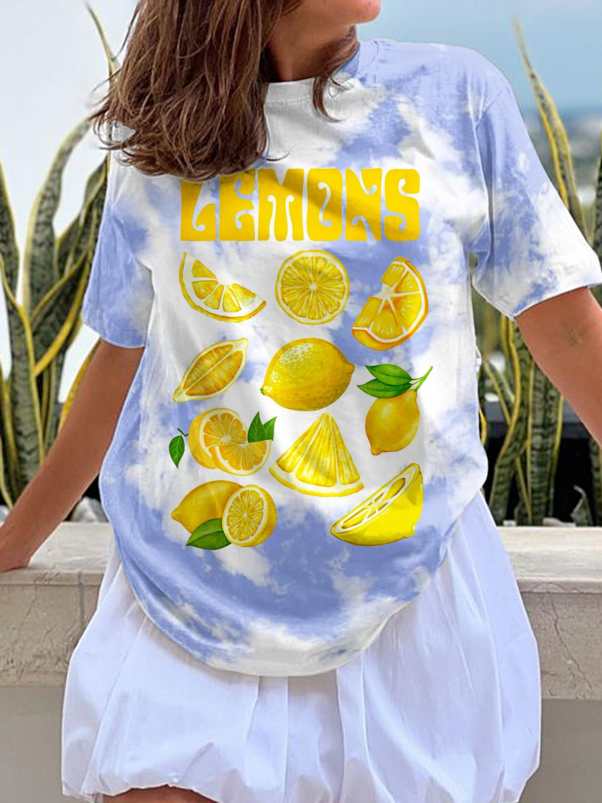 Refreshing Summer Lemon Print Crew Neck T-shirt