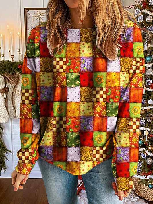 Women's Winter Christmas Patchwork Printed Long Sleeve Casual Top