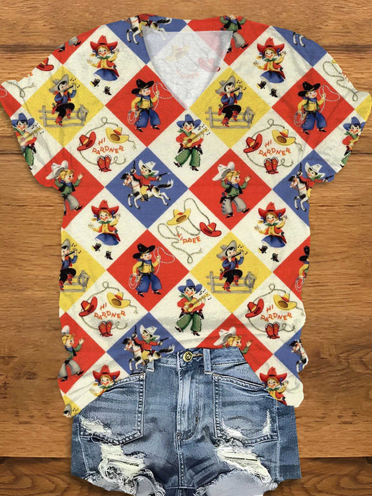 Women's Vintage Western Print V-Neck T-Shirt