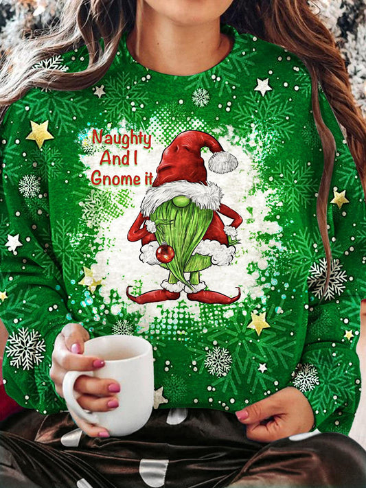 Women's Christmas Naughty Green Fur Gnome Crew Neck Casual Sweatshirt