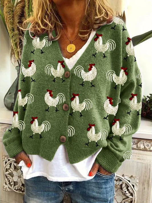 Women's Chicken Print Cardigan Sweater