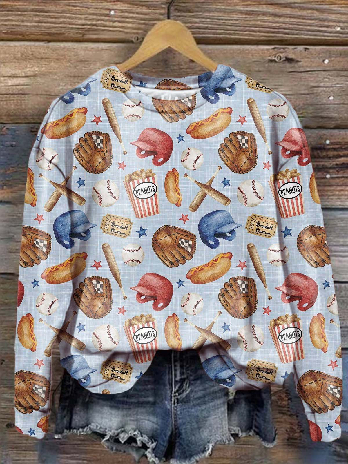 Sports Game Fan Baseball Hot Dog Fun Print Long Sleeve Top