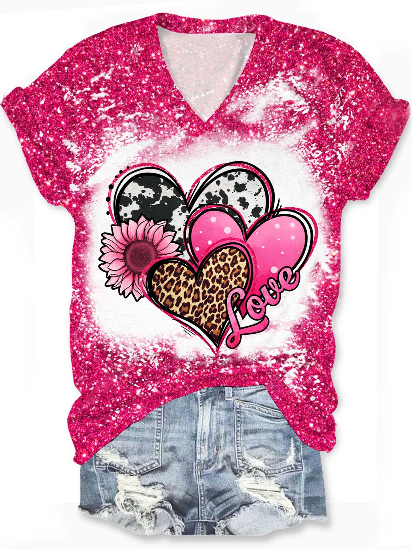 Valentine's Day Western Hearts Print Crew Neck T-Shirt