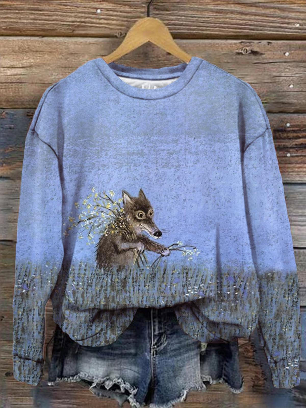 Women's Cute Wolf Picking Flowers Retro Print Long Sleeve Top