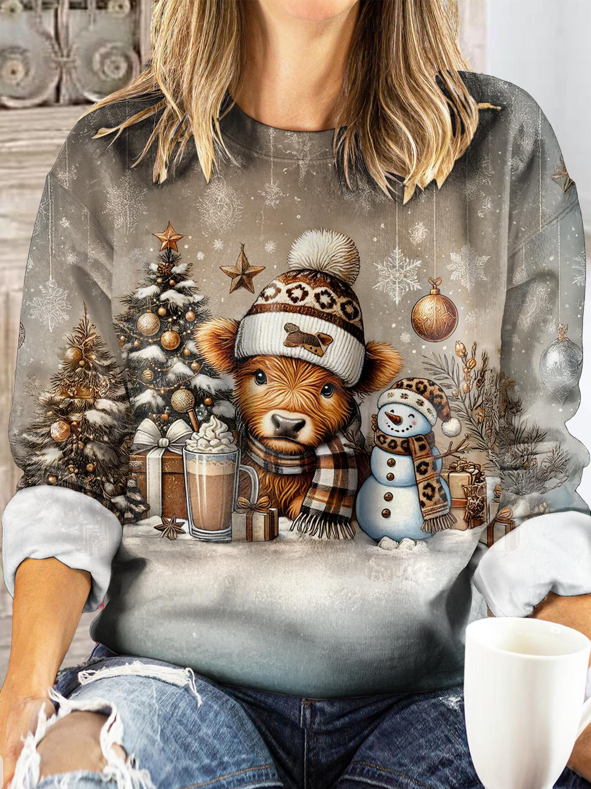 Cute Calf Winter Christmas Gift Print Long Sleeve Top