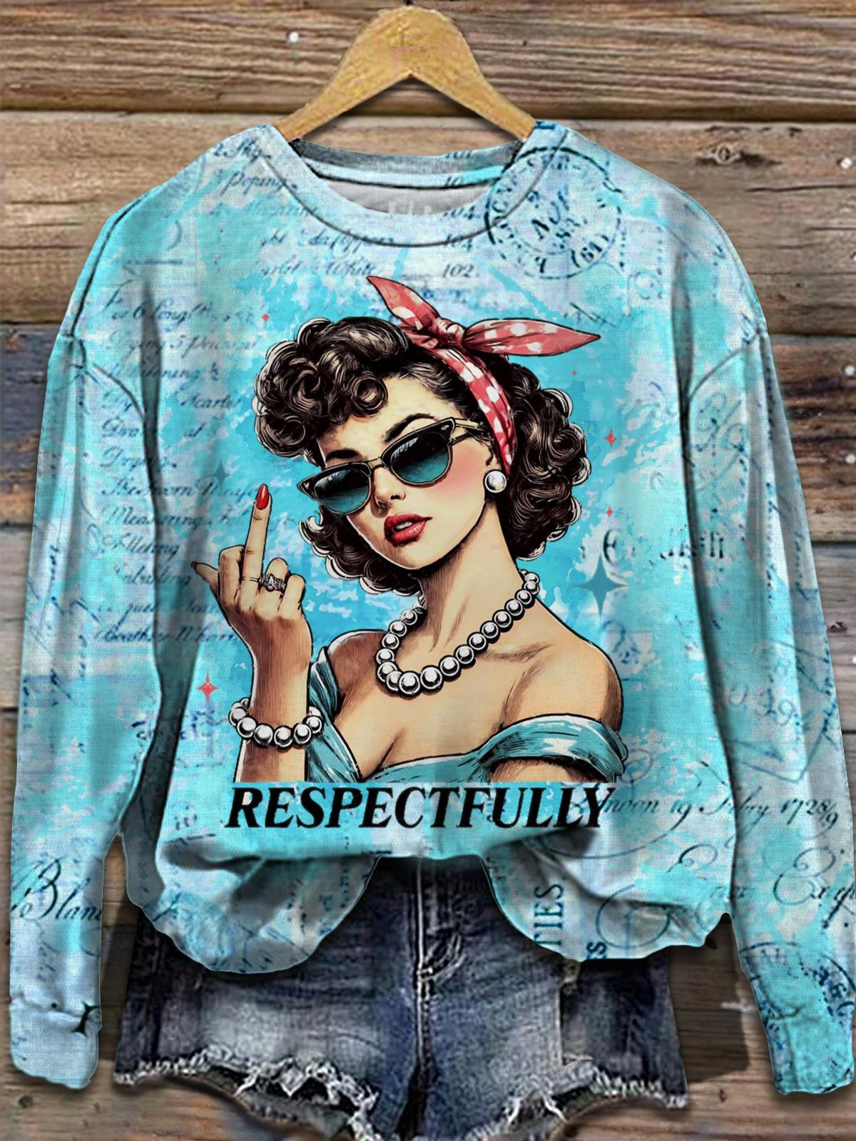 Women's Retro Vintage Playful Round Neck Long Sleeve Top