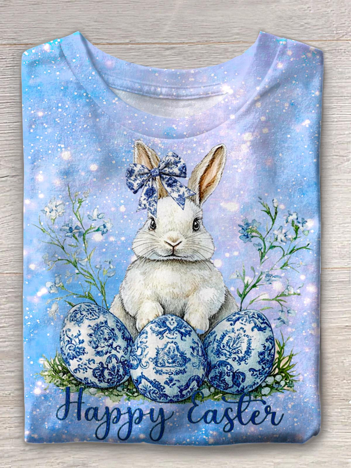 Blue Floral Easter Bunny Crew Neck T-shirt