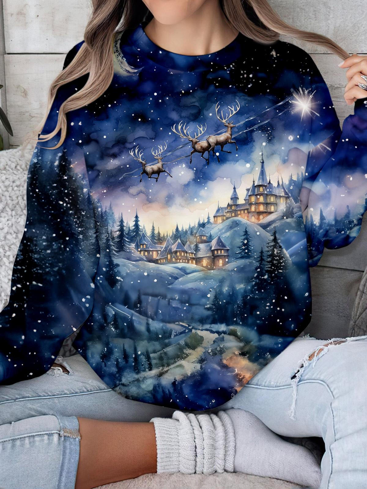 Snow Night Reindeer Sleigh Long Sleeve Top