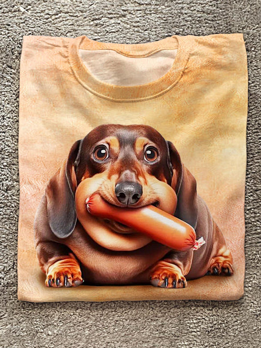 Cute Dachshund Print Crew Neck T-shirt