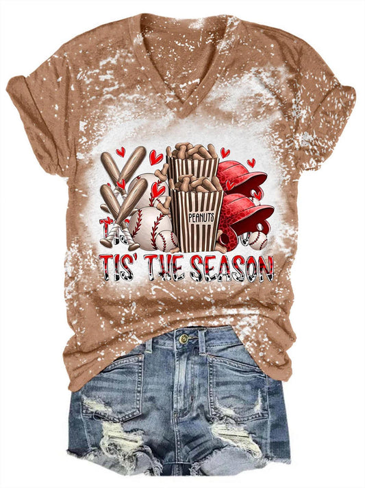 Women's Retro Baseball Fashion Print V-Neck T-Shirt