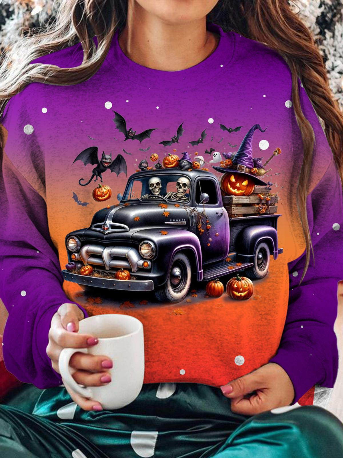 Women's Halloween Car Skull Print Long Sleeve Top