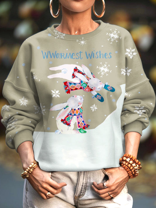 Women's Warm Christmas Bunny Print Crew Neck Casual Sweatshirt