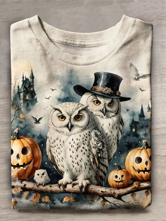 Halloween Owl Print Short Sleeve Top