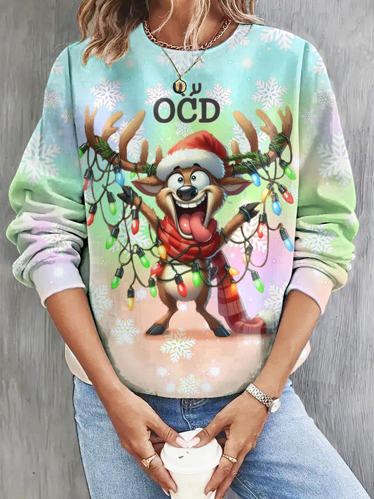 Women's Christmas Colorful Reindeer Crew Neck Casual Sweatshirt