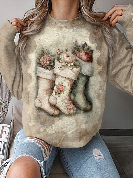 Women's Vintage Christmas Stockings Crew Neck Casual Sweatshirt