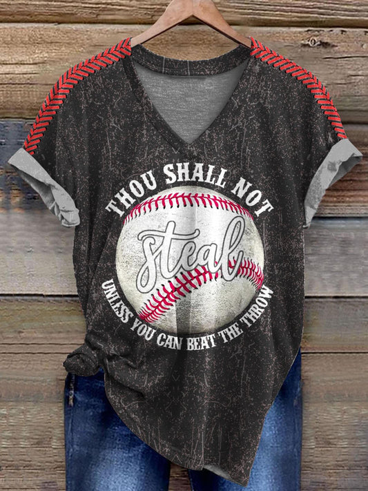 Baseball Vintage Textured Print V-Neck T-Shirt