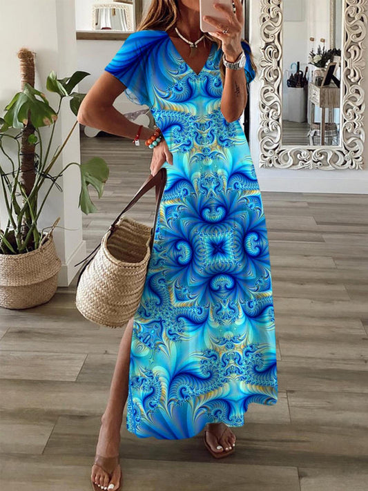 Abstract Flower Short Sleeve V Neck Maxi Dress