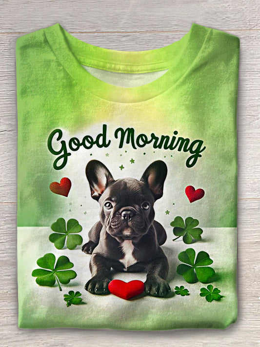 St. Patrick's Cute Puppy Love Print Crew Neck T-shirt