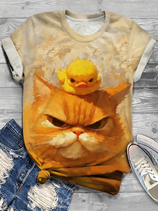 Women's Cute Cat and Duck Funny Print Round Neck Casual T-shirt