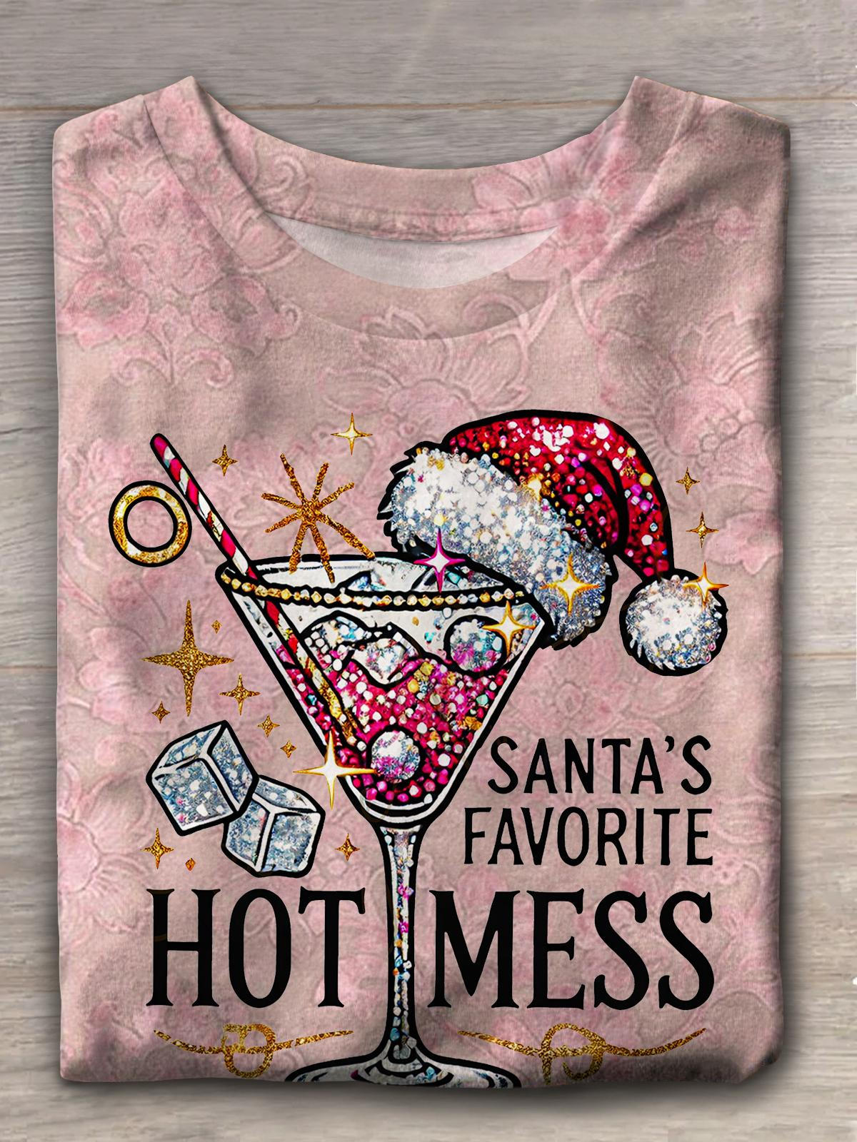 Women's Santa's Favorite Hot Mess Printed Casual Crew Neck T-Shirt