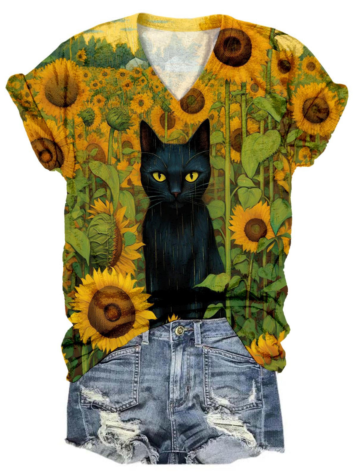 Sunflower Field Black Cat V-Neck T-Shirt