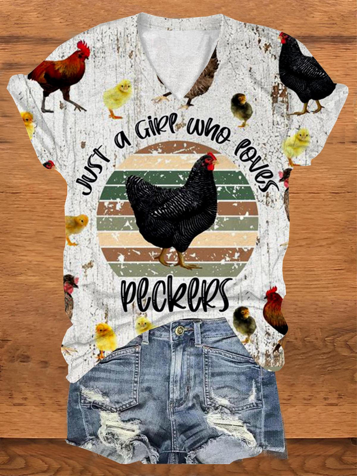 Just A Girl Who Loves Peckers Chicken Print V Neck T-Shirt
