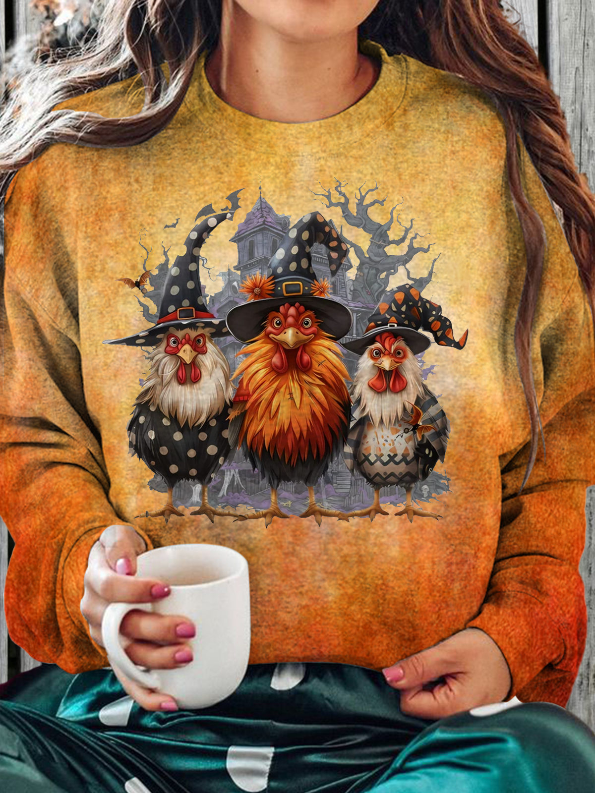 Women's Haunted Chickens Halloween Long Sleeve Top