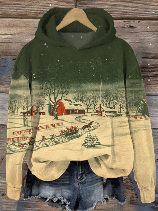 Women's Christmas Snow Village Retro Print Casual Long Sleeve Top