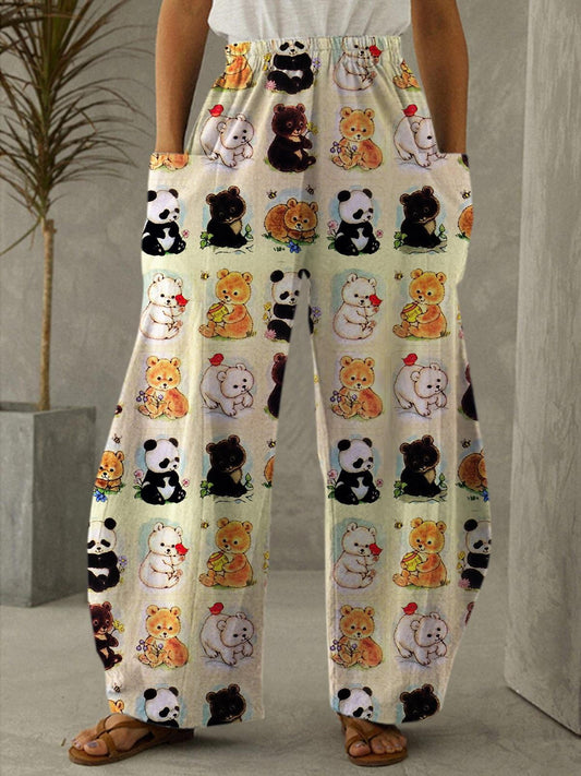 Women's Cute Panda Bear Retro Print Casual Loose Trousers